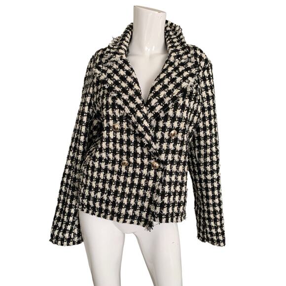 House of Harlow Blazer L Plaid Tweed Fringe Jacket Houndstooth Preppy Academia - Picture 1 of 6